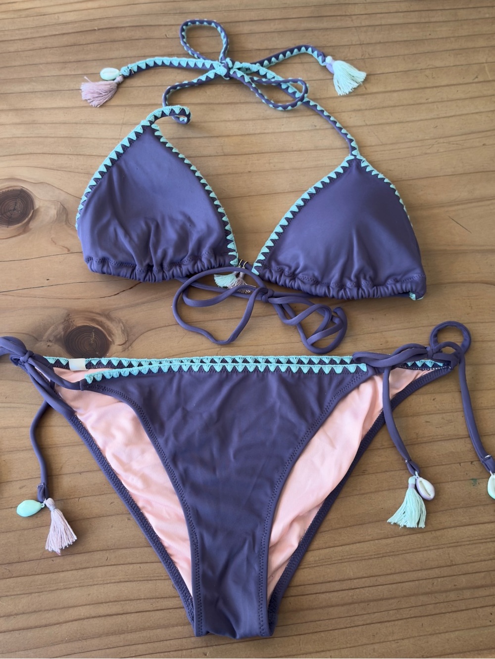 Victoria's Secret Purple & Light Pink Triangle Bikini with Mint Trim